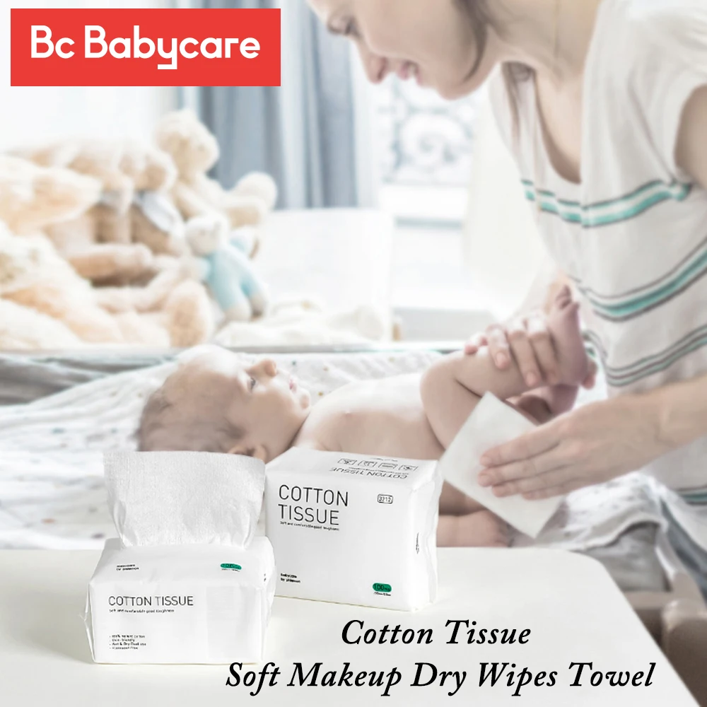 BC Babycare 100pcs/Box Wipes Discharge Makeup Dry Wipes Towel Swabs Skin Cleaning Care Wet Dry Dual-Purpose Soft Cotton Tissue