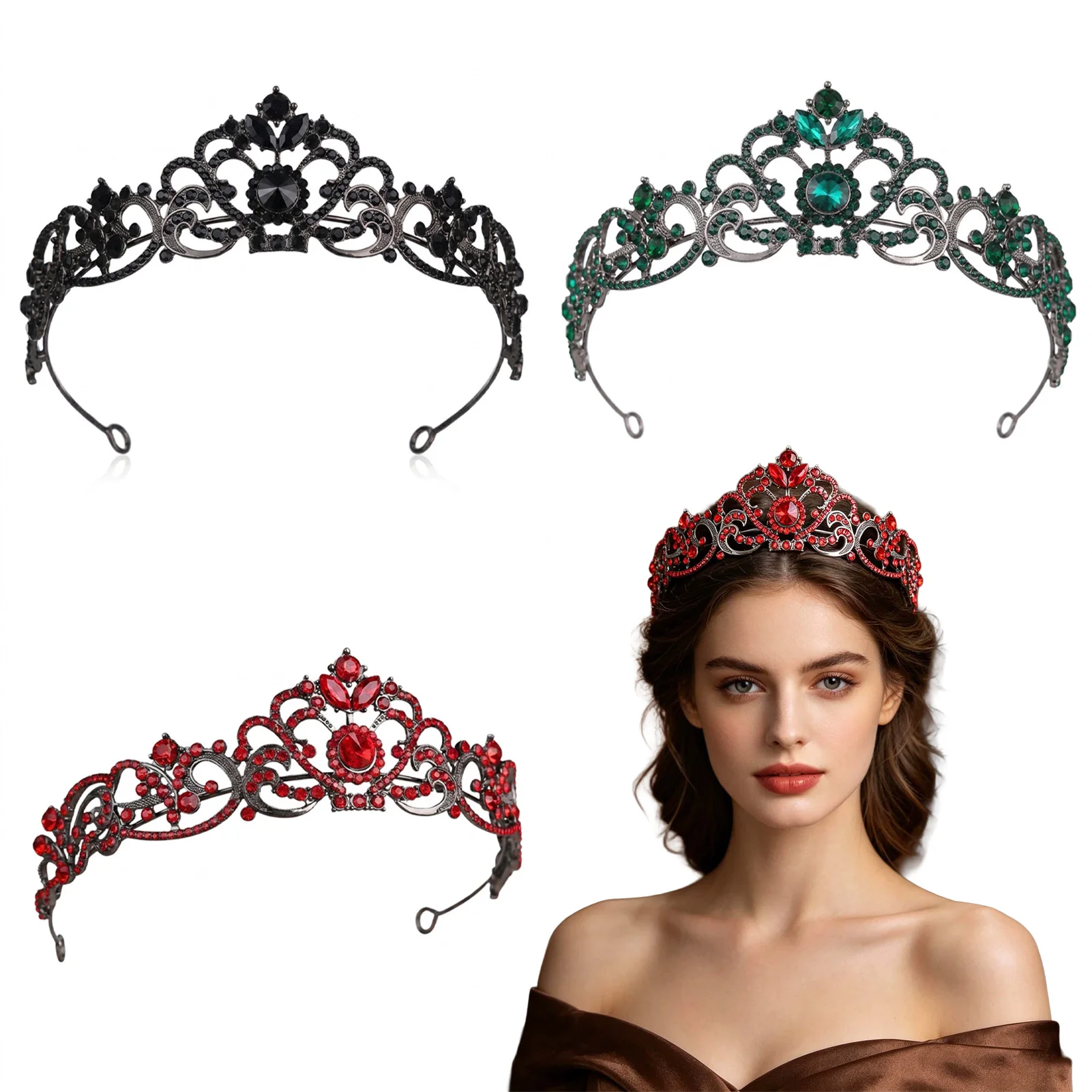 Gothic Style Black/Red/Green Rhinestone Crown Headpiece for Halloween Party Cosplay Headband Bride Wedding Hair Jewelry