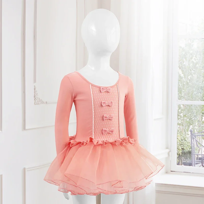 Vestido de tutú de baile de Ballet para niñas, de manga corta de gimnasia leotardo/larga de alta calidad con lazo en V en la espalda, ropa de baile para niños