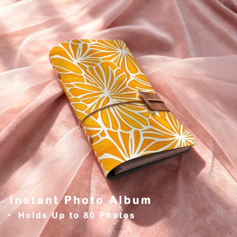Bright Orange White Floral Line Print Instant Photo Album Holds Up To 80 Pcs 3 Inch Instant Photos Warm Gift for Women & Teens