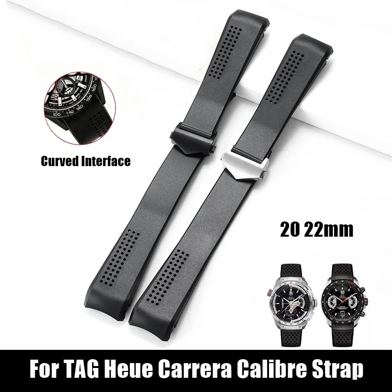 20 22mm Curved End Silicone Rubber Watch Strap Fit For TAG Heue Carrera Calibre Watchband Classic Black Folding Clasp Bracelet