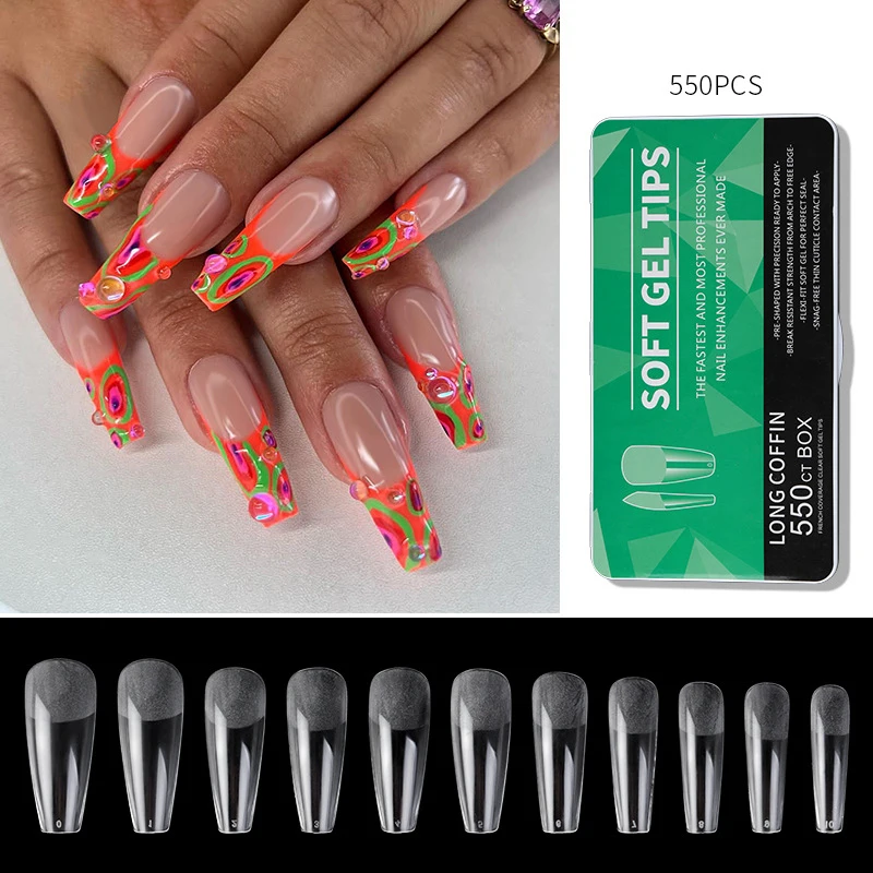 440/550 Stücke Klare Acryl Lange Gefälschte Nägel Kapseln Mandel Französisch Sarg Volle Halbe Abdeckung Falsche Nägel Künstliche Nagel weiche Gel Tipps