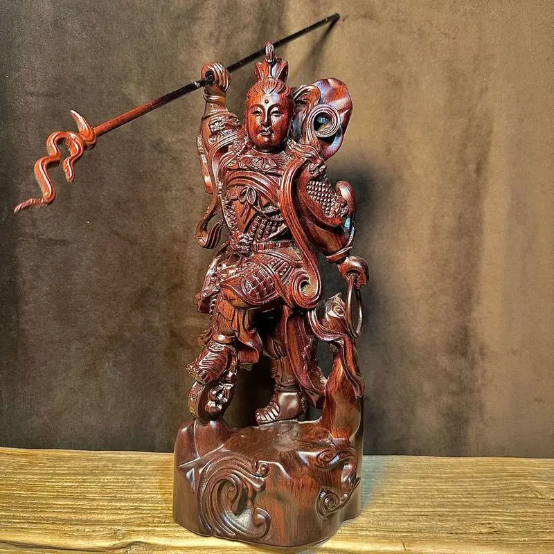 Ebony wood carving of Nezha, the Third Prince, statue ornament for home worship, solid wood sculpture craft