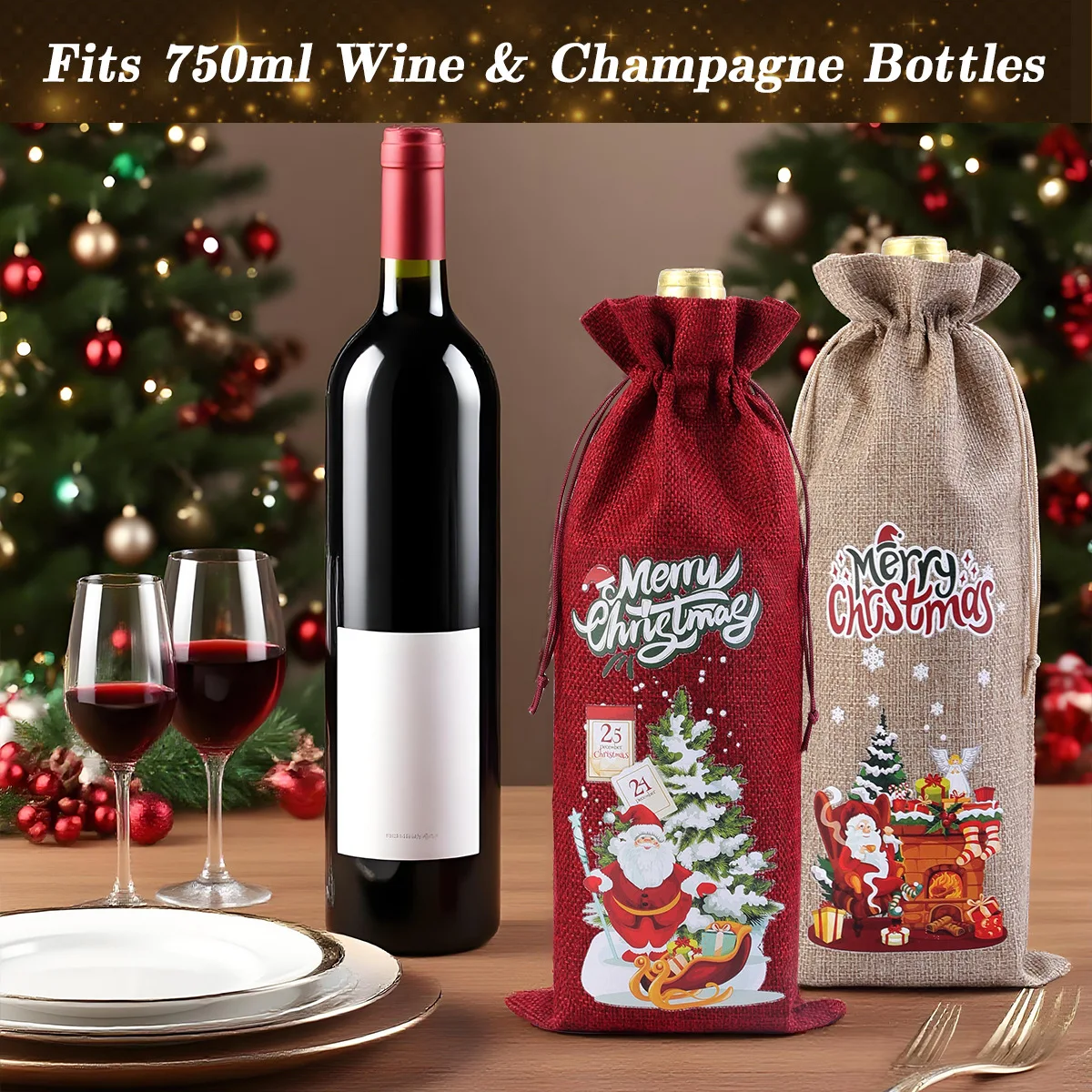 أكياس برباط من الخيش لعيد الميلاد - أكياس تغليف النبيذ الأحمر والشمبانيا، أكياس حفلات عيد الميلاد، أكياس هدايا النبيذ #1