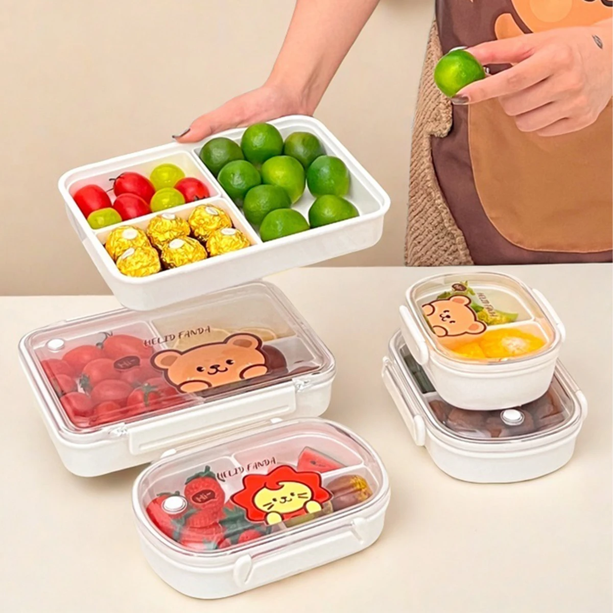 WORTHBUY New Cute Transparent Plastic Sealed Divided Bento Box Microwavable Portable Sealed Lunch Box Fruit Salad Food Container