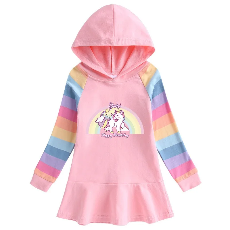 New Unicorn Princess Dress Cotton Autumn Toddler Kids Dresses Girls for Children Birthday Party Clothes Costume Hooded Rainbow