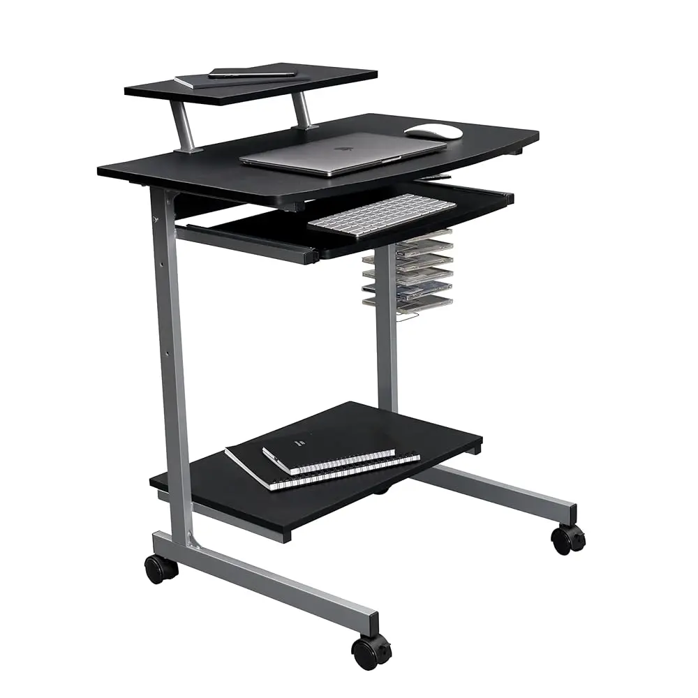 

Rolling Mobile Computer Desk/Cart With Storage Shelves, Rolling Working Station For Small Spaces, Printer Shelf