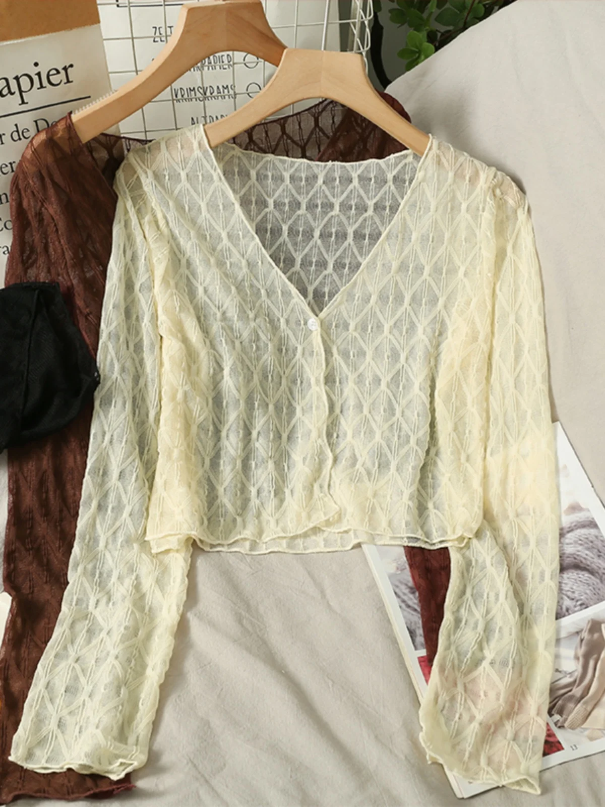 

2024 New Ele ort Sve Open Cardigan Women's Summer Lightweight Low Collar Hollow out Sun Protection Outerwear