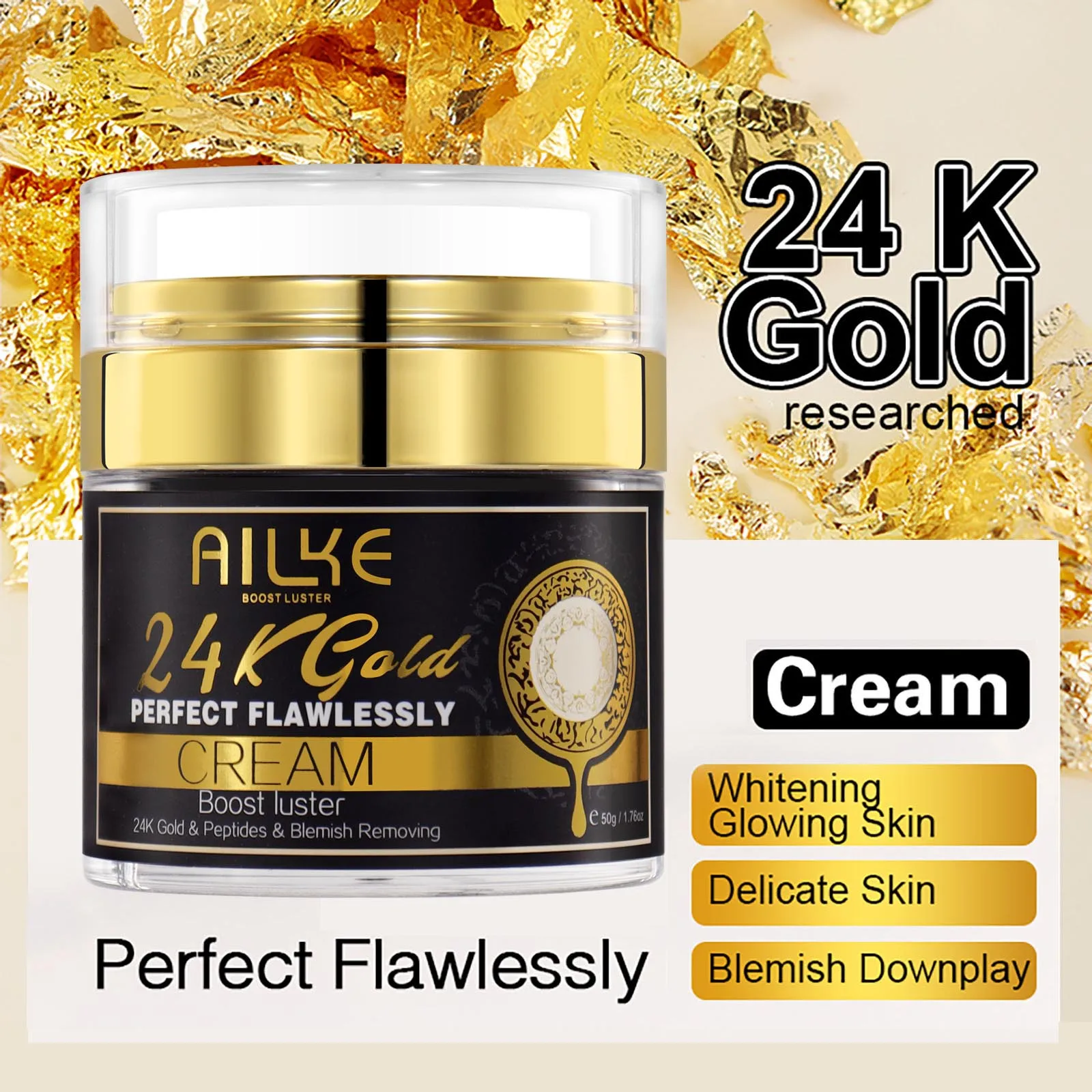 AILKE 24k Gold Perfect Flawlessly Face Cream, Whitening, Reduce Blemish, Melanin, Improve Dull Skin, With Glutathione Vitamin C