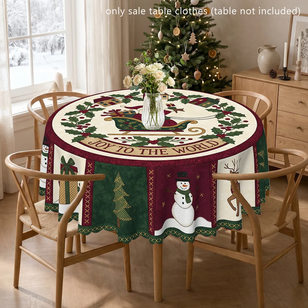 Santa Claus Sleigh Snowman Reindeer Polyester Printed Tablecloth, Round Table Cover