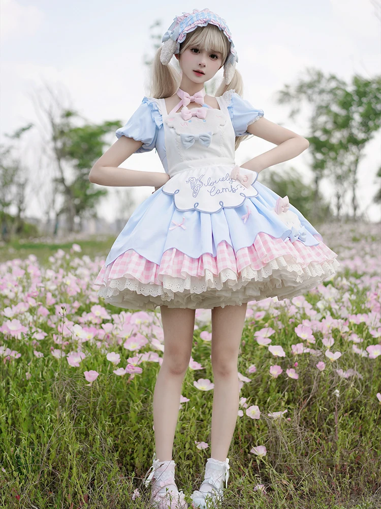 Original Lolita Bubble Sleeve OP Dress Sweet Girl Bow Halter Blue Pink Plaid Patchwork Slim Short Tutu Dress for Women