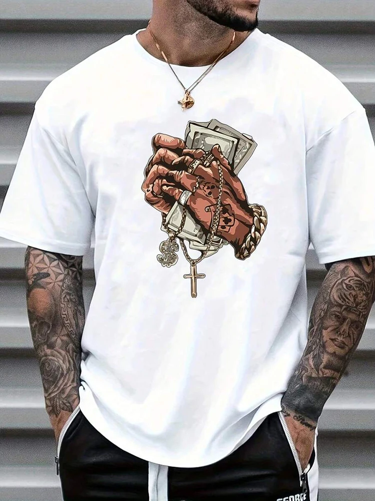 Summer Rap Hip-hop T Men's T-shirt Urban Street Fashion Short-sleeved Top Everyday Casual T-shirt Banknote Printed Men's T-shirt