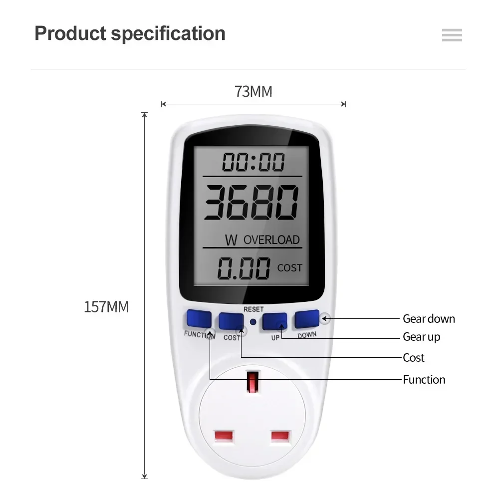 Compteur de puissance LCD numérique, prise de wattmètre, puissance souveraine, prise de mesure de l'énergie h, prise UE, protection contre les surcharges, 7 modèles d'affichage, 220V