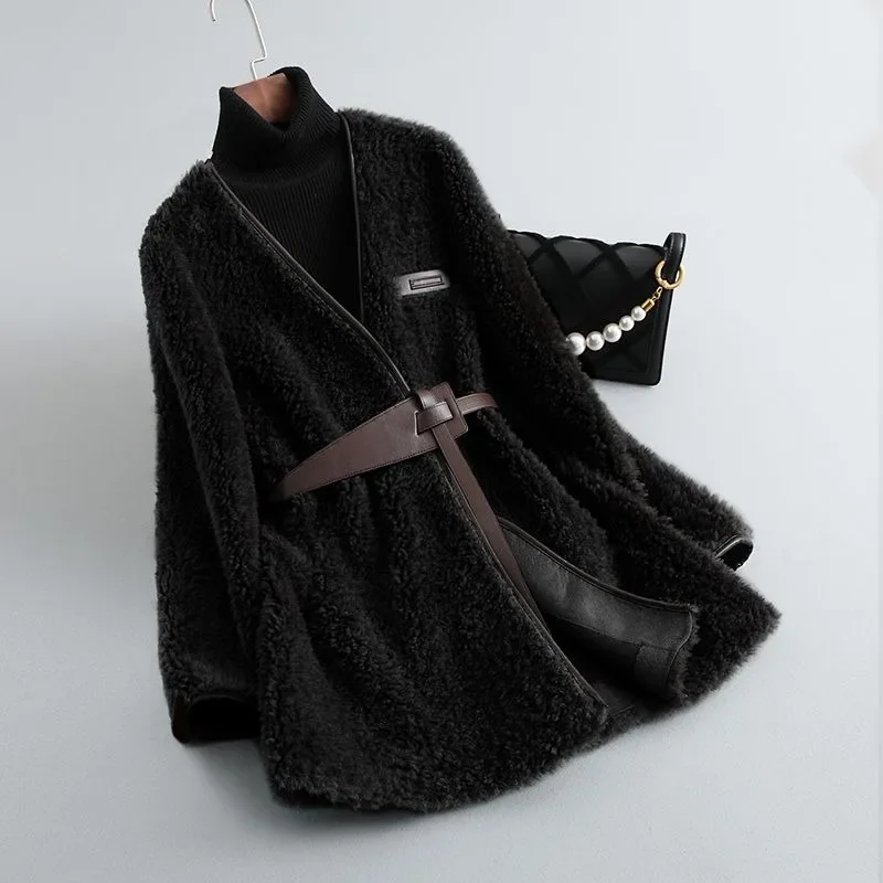신상 스타일 양털 코트 브이넥 양모 올인원 스킨 오버코트 여성 중간 길이 여성용 퍼 코트