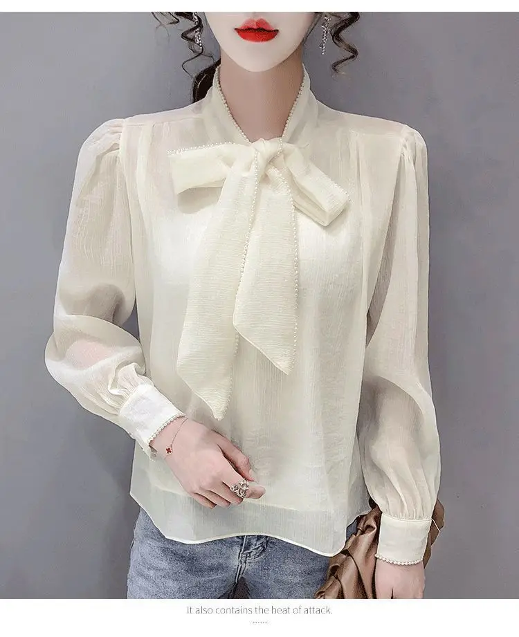 New French Bow Ribbon Long Sleeved Top with Female Design Niche Chiffon Shirt