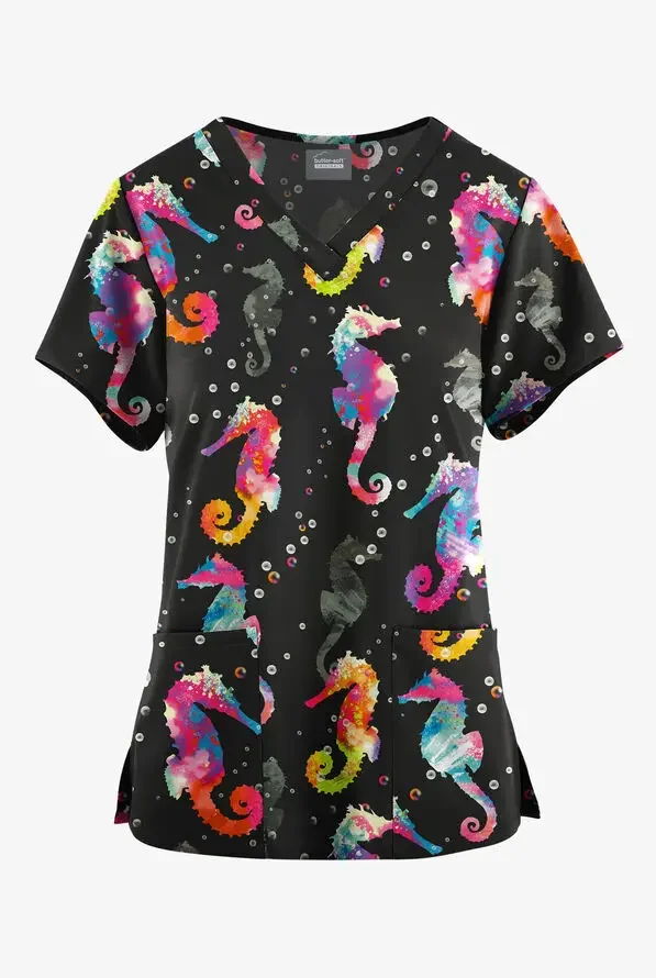 ثوب جراحي لطيف للسيدات بطباعة سنوبي عصري على شكل حرف V لممرضة الأسنان بأكمام قصيرة فستان سرير بيطري للسيدات