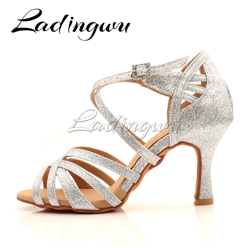 Ladingwu Silver Classic Five Belts Dance Shoes Latin Professional Ballroom Dance Shoes Soft Sole Dance Sandals