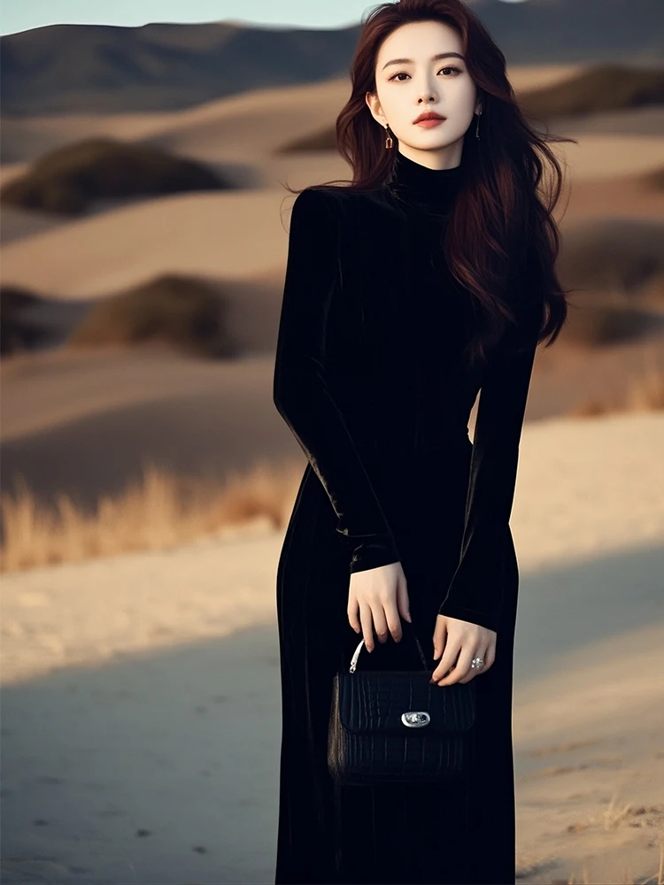 

Elegant Black Velvet Dress High Collar A-Line Skirt Korean Style Winter Fashion Women's Premium Quality Long Sleeve Gown