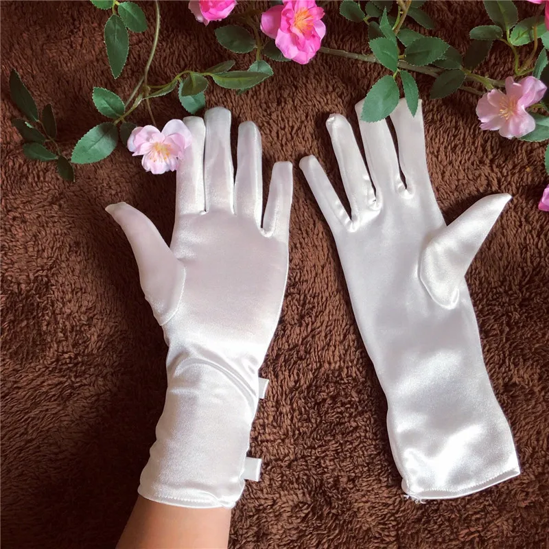 Guantes de boda de encaje con lazo blanco, guantes cortos de satén