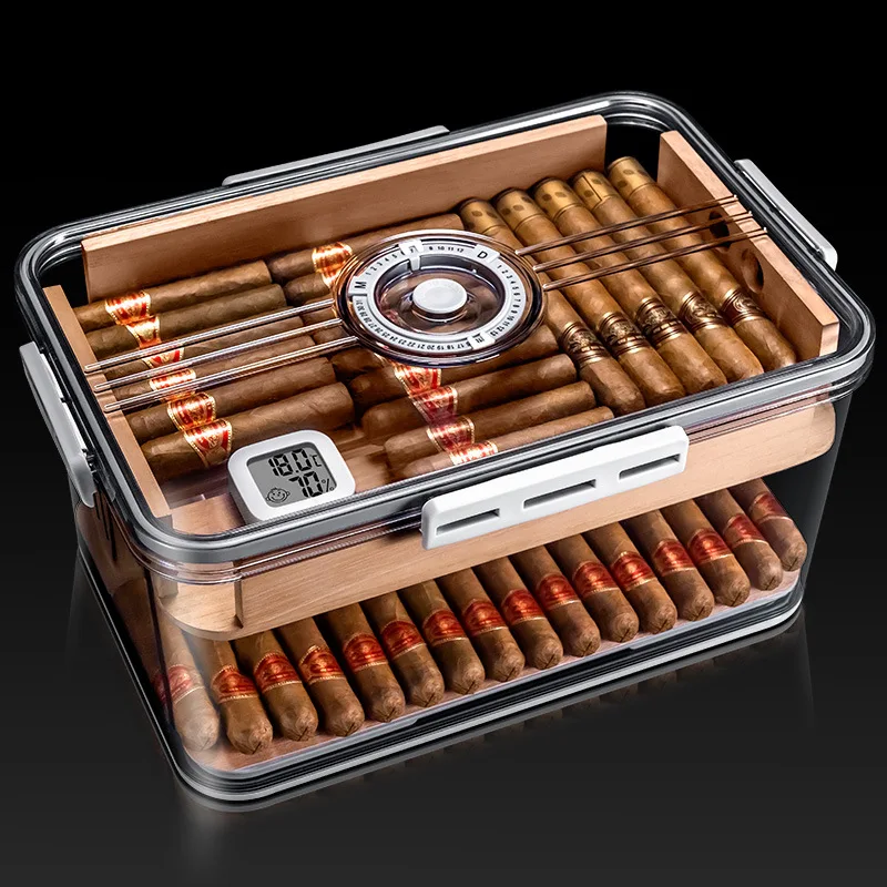 Qilong Cigar Box Sealed Moisturizing Large Capacity Transparent Cedar Wood Double Layer Cigar Buckle Box Cigar Humidity Meter