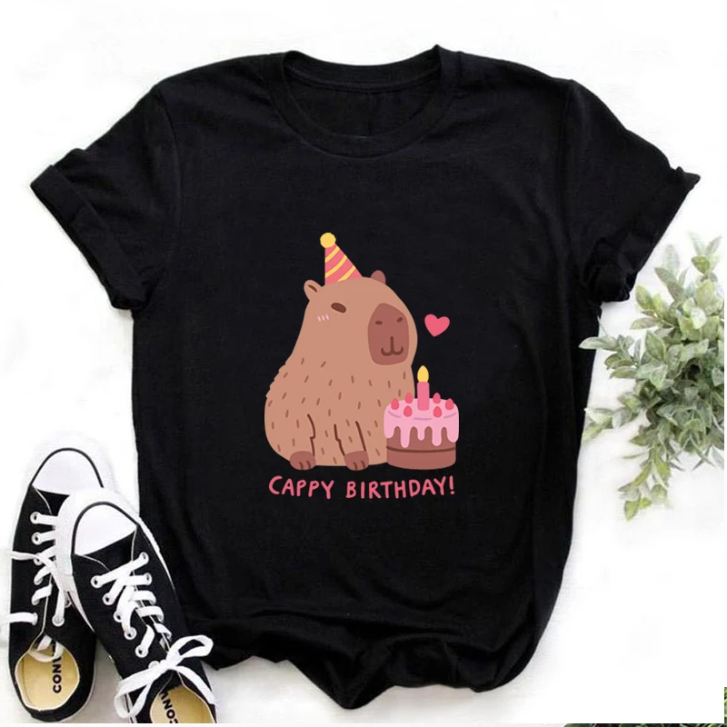 Capy Birthday T Shirt capibara Cartoon Print maglietta Unisex Harajuku Streetwear o-collo donna uomo T-Shirt moda Casual regalo top