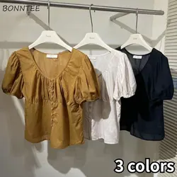 Baggy Shirts Women Short-sleeve Summer Breathable French Stylish Vintage Solid Sweet Gentle College Folds Designed Chic O-neck