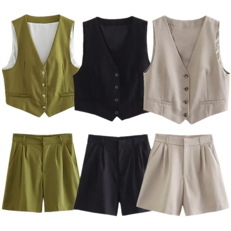 ファッショナブルな夏の女性のベストミックス生地リネンブレンドポリエステル生地 2023 新しいスタイル多用途トレンディな服セット
