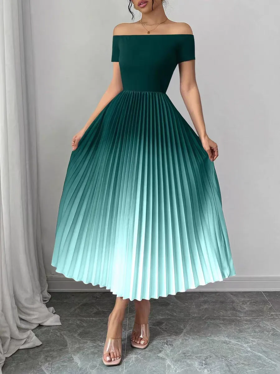 customized evening dress green gradient off-the-shoulder pleated midi dress with color transition for modern