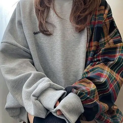 Popular plaid spliced sweatshirt for women 2024 niche autumn and winter style spliced long sleeved printed sweatshirt for women