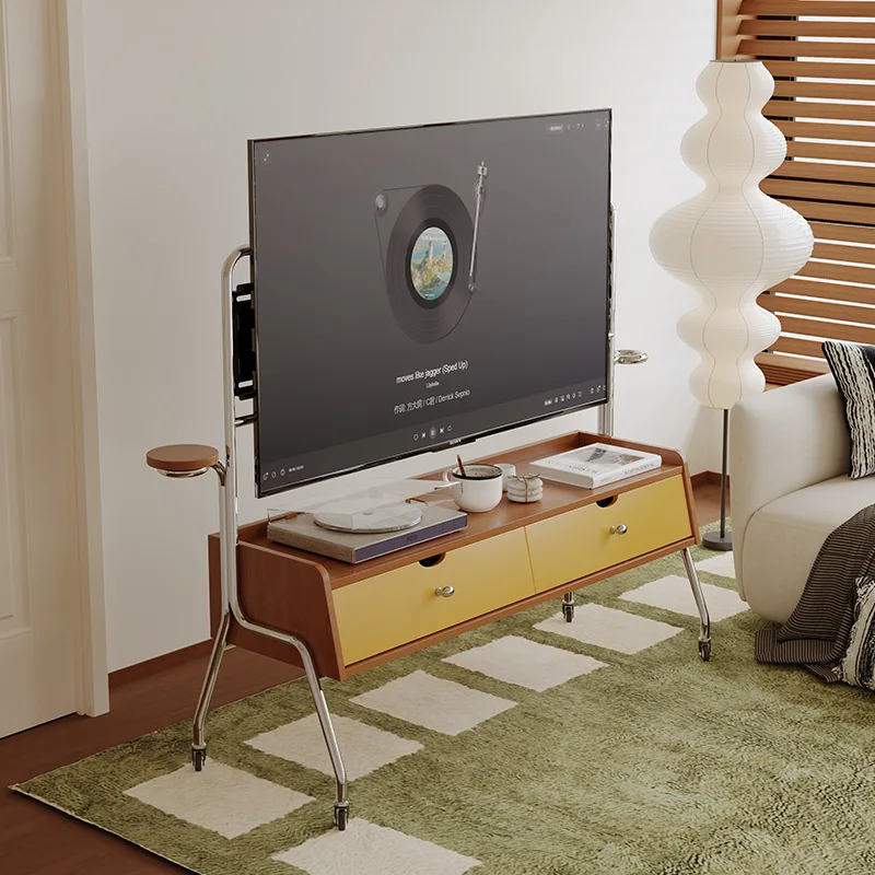 

Medieval style living room TV cabinet rack Small apartment bedroom retro floor-to-ceiling wabi sandy wind mobile monitor TV rack