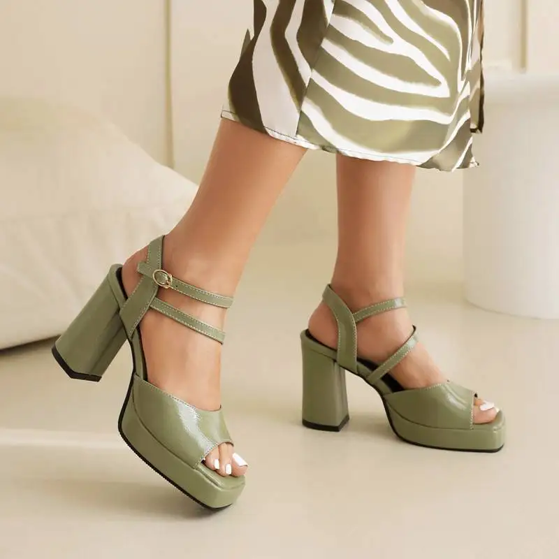 SIMLOVEYO Female Sandals Toe Chunky Heels 10cm Platform 2cm Buckle Straps Size 41 42 43 Concise Dating Shoes