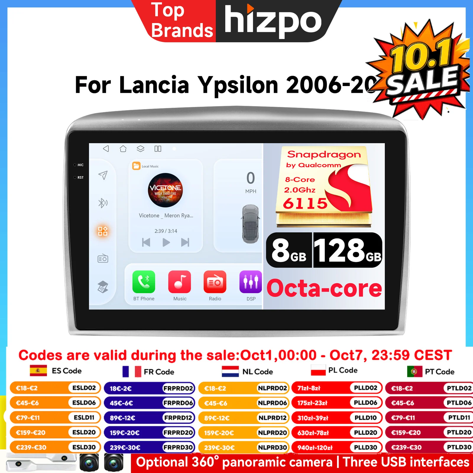 Lettore Video per Auto Lancia Ypsilon 2006 - 2011, Autoradio Multimediale con GPS, Carplay, Android Auto, Touch Screen e Wifi