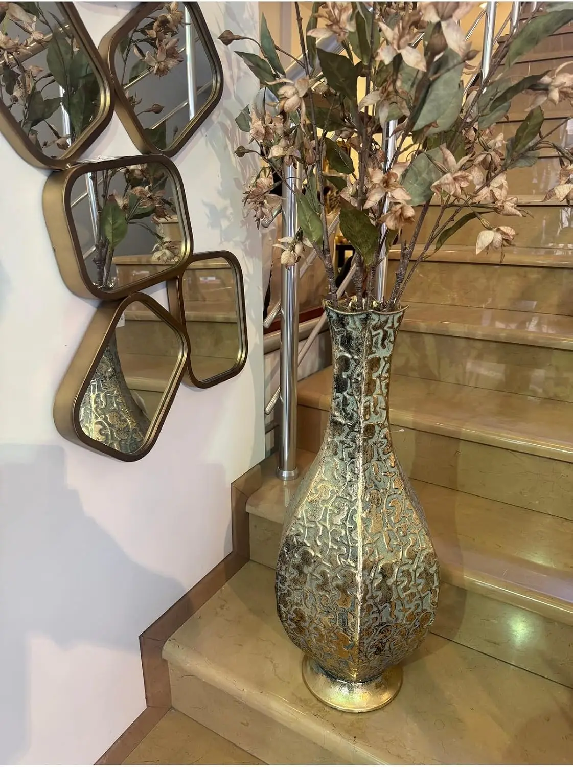 Decorative Metal Vase with Antique Look 27.5 in Wide x 22 in High for Home or Office, Refined Floor or Tabletop Accent Piece, Ad