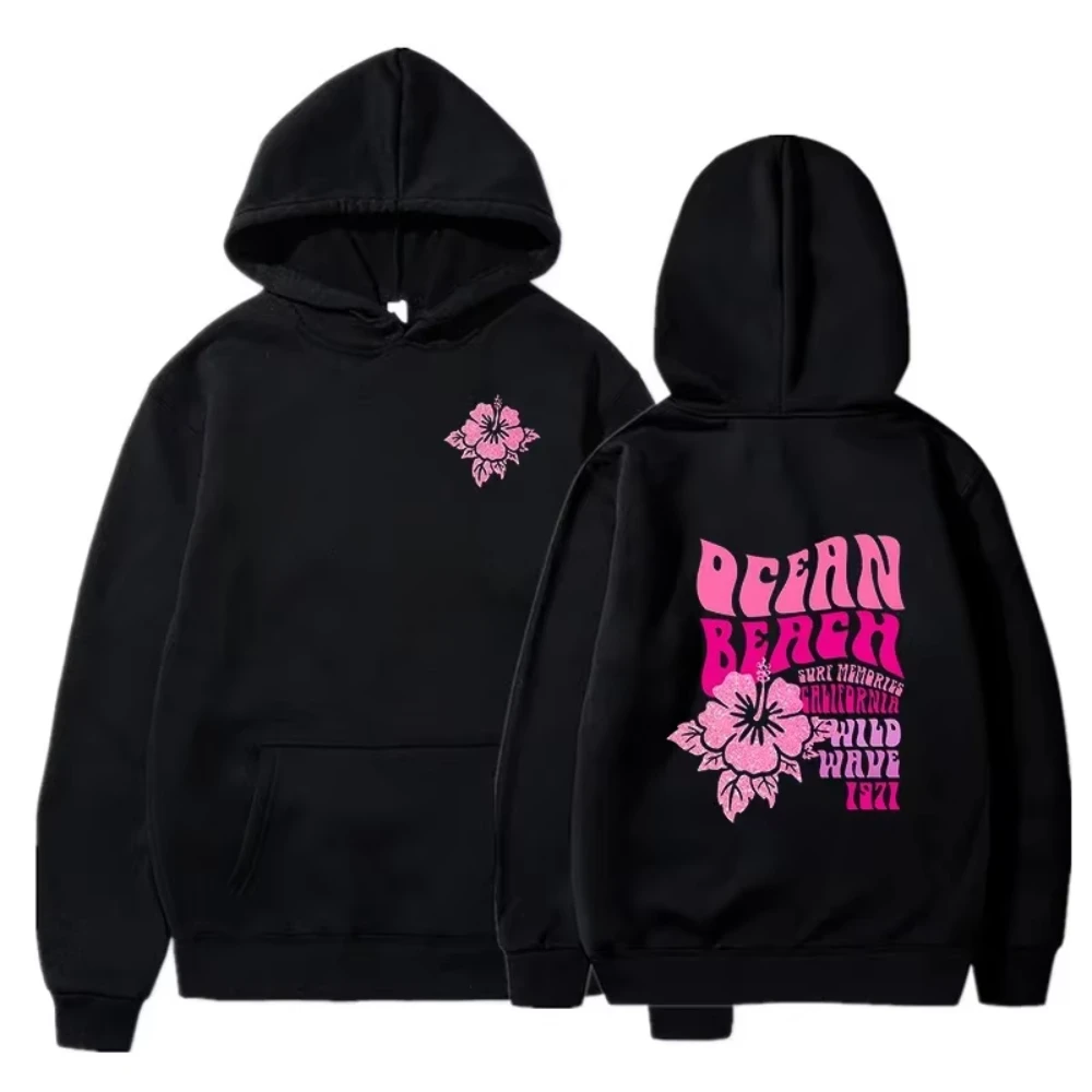 Women Fashion Casual Hoodies Ocean Beach Flower Slogan Front Back Pink Sweatshirts Beach Aesthetic Men Pullover Hoodie Trip Tops