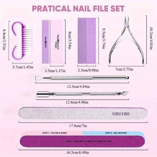 10/15pcs Professional Nail Art Kit with 100/180 Grit Files,Buffer Sponge,Brush,Scissors,Cuticle Nippers Pushers Gel Polish Tools 5