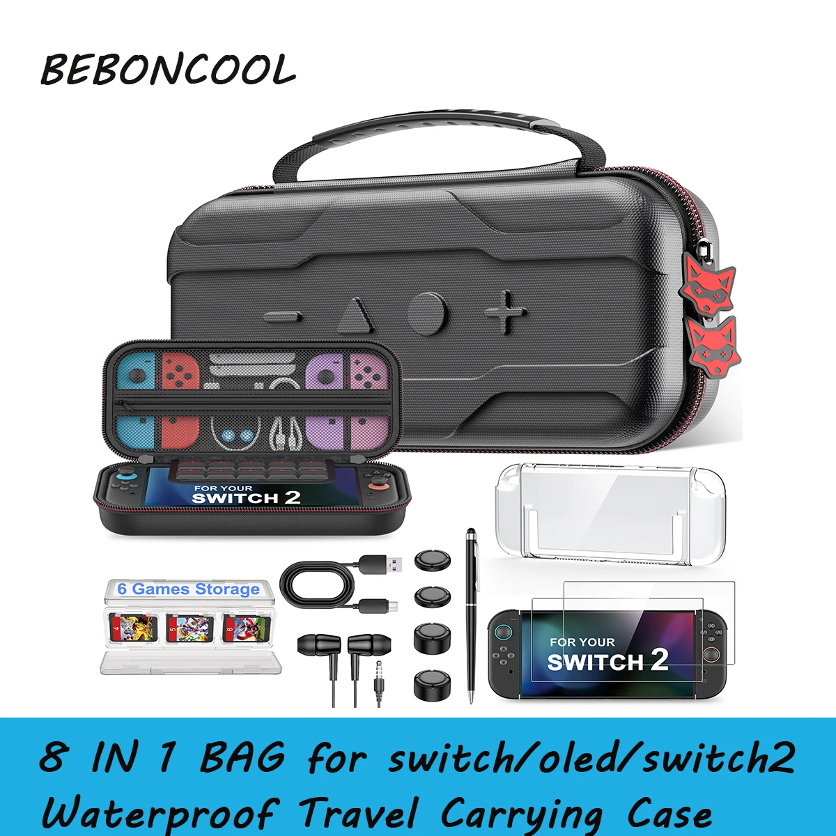 

BEBONCOOL SD300 8 IN 1 BAG for switch/oled/switch2 Waterproof Travel Carrying Case for Switch2 with 3.5mm headphone jack