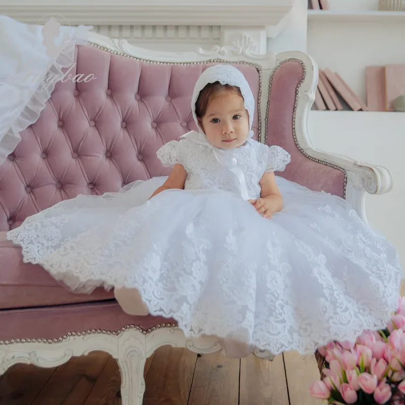 White  Baby Dresses Tulle Puffy Lace Appliques With Bow Belt Short Sleeve For Wedding Birthday Party First Communion Gowns