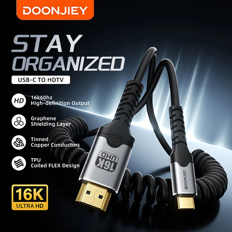 DOONJIEY USB C to HDMI Cable 16K@60Hz Type C to HDTV Portable Spring Cord Compatible Thunderbolt 3/4 For iPhone 15 MacBook Air