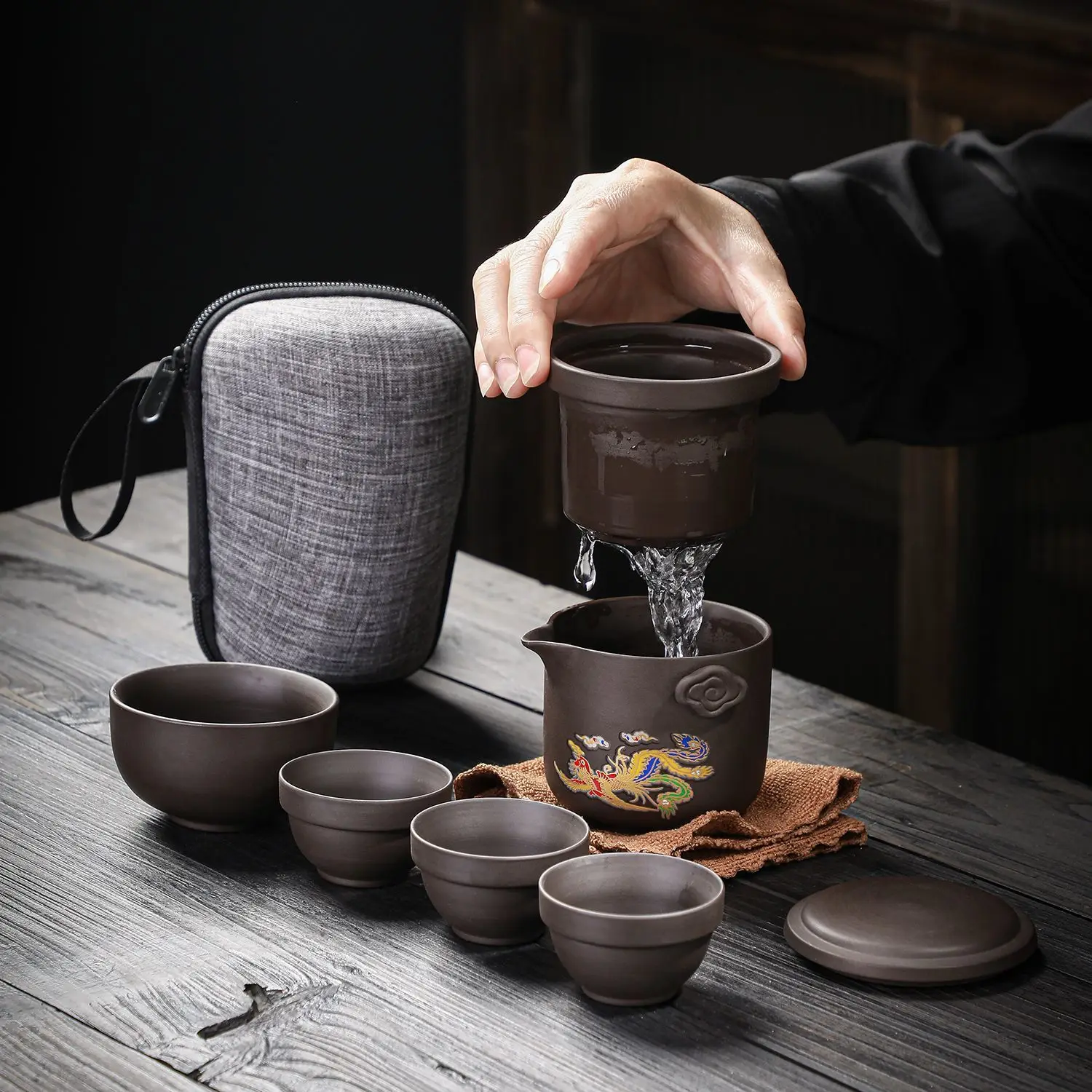 Travel Tea Set With Storage Bag Outdoor Camping Fishing Quick Tea Cup 1 Teapot 4 Cups Gongfu Tea Gear Hiking Personal Drinking