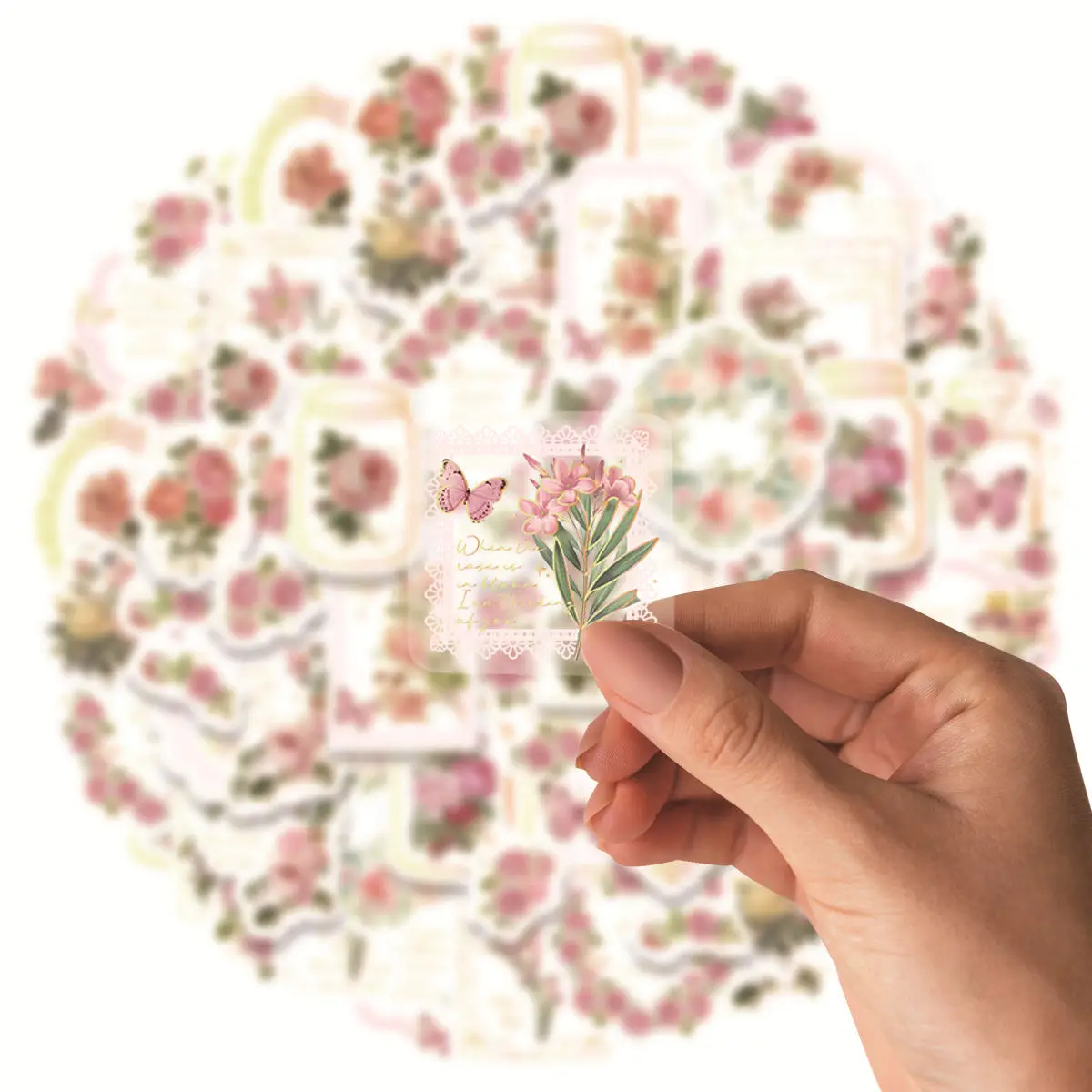 3Sheets PET Hot Stamping Process Retro Plant Pink Begonia Flower Waterproof Collage Rich Patterns DIY Cups Decoration Stickers