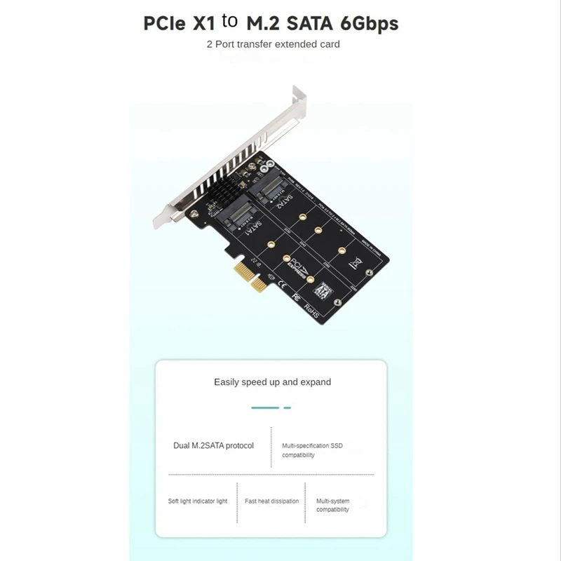 Pcie X1 To M.2 SATA Adapter Expansion Card 2-Port Black JM582 Master Chip With Metal Heat Sink Support Pcie X1/X4/X8/X16