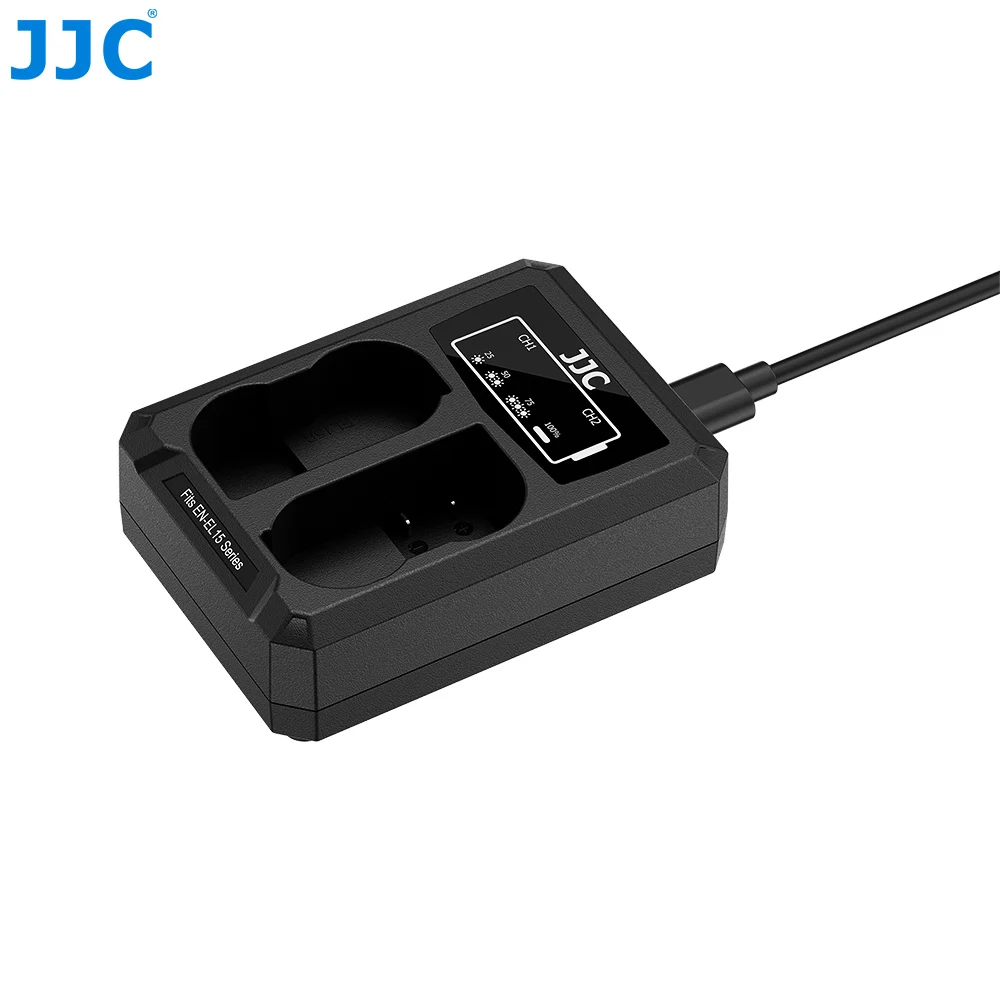 JJC Upgraded Dual Battery Charger USB-C For Nikon EN-EL15 EN-EL15a Z6 III Z6 II Z6 Z7 II Zf D850 D810 D750 D610 D600 D7500 D7200
