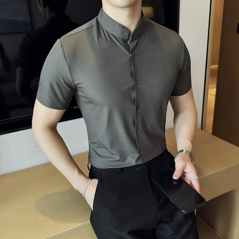 

Рубашка мужская с воротником-стойкой, бесшовная приталенная, модная Повседневная Деловая классическая, в полоску, с коротким рукавом