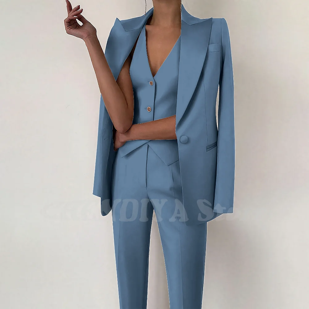 

Elegant Women Single Breasted Suits 3 Piece Fashion Peak Lapel Solid Color Daily Office Work Business Outfits Jacket Vest Pants