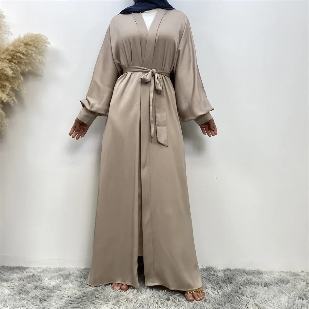 UNI Muslim Open Abaya Turkish Women's Ramadan Dress Dubai Moroccan Cardigan Robe Maxi Dress with Ribbon Pocket Women's Dress