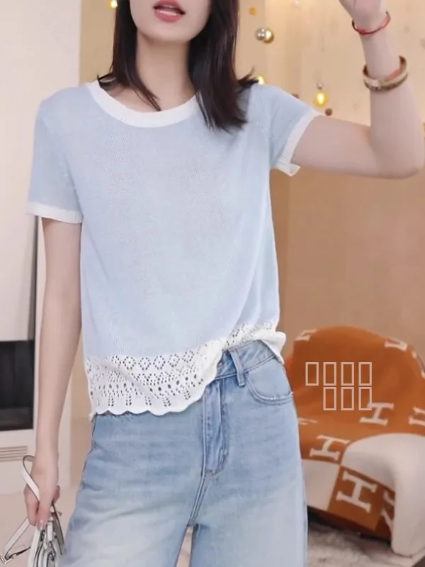 

plus Size round Ne Splice Color Hollow out ort Sve Women's T-irt Summer Casual Knitted Top Korean Sle Loose Fit