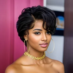 6inch 150% density 13x1 T part lace natural black color pixie cut human hair wigs for women short curly daily party cosplay use