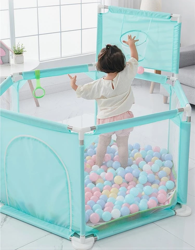 Large Baby Play Yards Indoor & Outdoor Sturdy Safety Baby PlayPen with basketball stands Soft Breathable Mesh with Ocean Balls