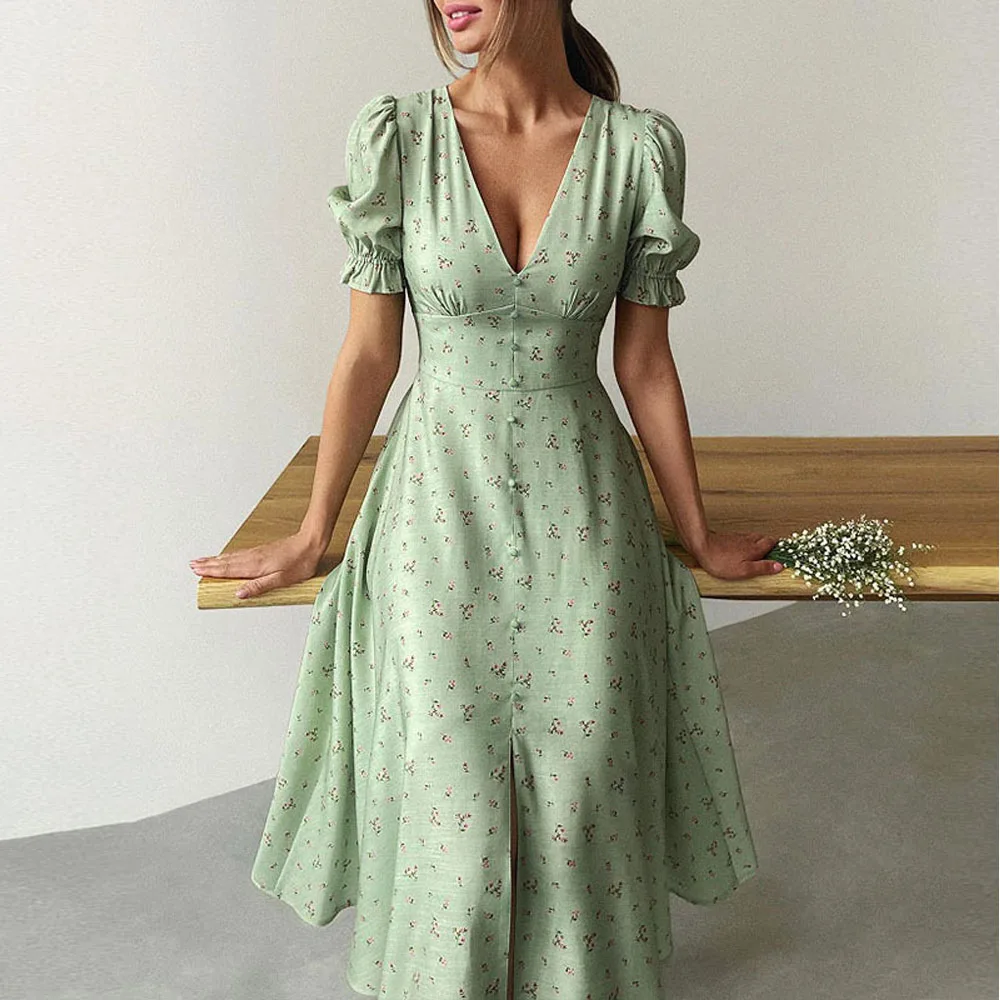 

American Women's Spring Clothes Green V-Neck Summer Dress Casual Slit Floral Dress Skirts Streetwear Tutu Puffy Skirt