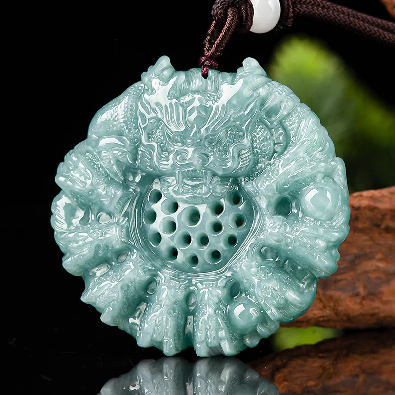 

Solitary natural A-grade jade blue water three-dimensional Nine Dragon Play Pearl zodiac dragon jade pendant for men and women